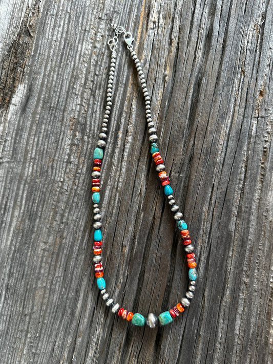 Turquoise, Spiny and Pearls Necklace